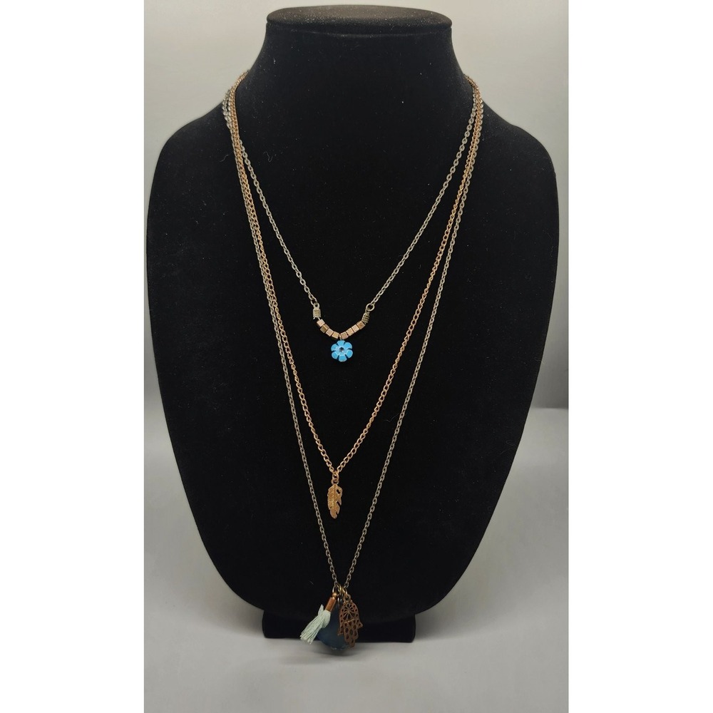 Boho Layered Charm Necklace Adjustable Feather Hamsa Agate Flower Pendant